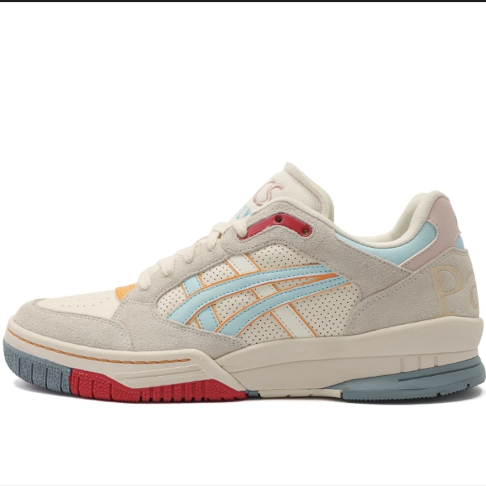 Asics Beige Cream Sneakers with Light Blue and Red Accents